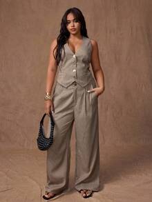 Rustia Bộ đồ 2 món cho nữ cỡ lớn: Áo vest thường ngày màu nâu + Quần - Nhiều màu - Xem 6