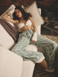 Aralina Sleepwear Fall Winter Cute Cosy Brushed Flannel Check With Side Pockets And Lace Detail On Waist And Hem Sleep Pants, Cozy