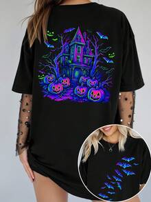 EMERY ROSE Plus Size Halloween T-Shirt, Plus Size Streetwear Graphic Short Sleeve T-Shirt, Cute Summer Top - Black - View 1