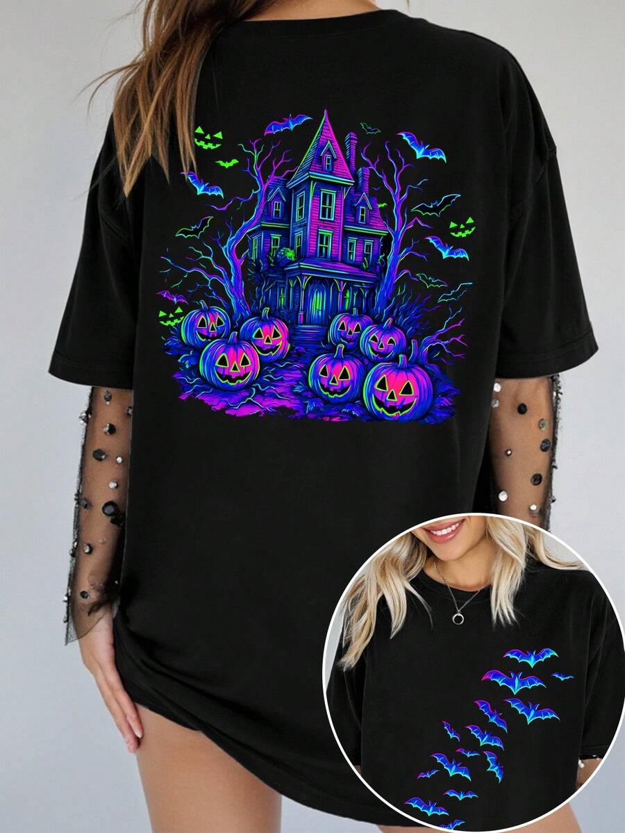 EMERY ROSE Plus Size Halloween T-Shirt, Plus Size Streetwear Graphic Short Sleeve T-Shirt, Cute Summer Top - Black - View 1