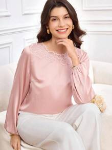 Miaspire Fall Elegant Women's Shirt, Pink Satin Fabric And Three-Dimensional Lace Splicing Design Elegant Top, Wedding Guest Versatile Top, Elegant Street Party Women's Top,Chic Tops - Pink - View 6