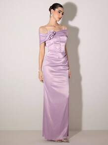 Poshira 女士不对称领口荷叶边优雅鸡尾酒会礼服，带有 3D 花卉装饰 - 紫色 - 查看 4