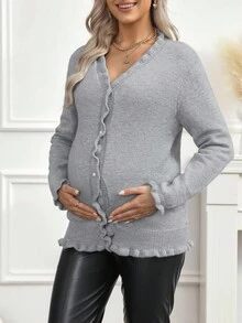 SHEIN Solid Color Ruffle Trim Long Sleeve Knit Cardigan, Maternity Sweater For Autumn/Winter - Grey - View 5