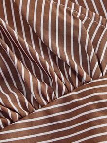 SHEIN MOD 白色和棕色条纹不对称裹身长袖衬衫，交叉设计，后背系带蝴蝶结，牛仔风 - 咖啡棕 - 查看 4