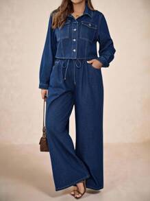 SHEIN Tall CURVE Plus Size 2PCS Women's Fall Autumn Back To School Homecoming Halloween Christmas Business Casual Woman Country Vintage Modest Old Money Business Casual Woman Work Clothes Teacher Outfits For Women Church Outfits WomenSolid Color Long Sleeve Top And Jeans Two Pieces Set Blue Wide Leg Jeans Button Up Shirt Women Denim Outfit Women