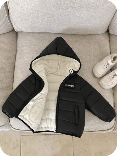 SHEIN Baby Boys Black Winter Thermal Lined Hooded Zip-Up Padded Coat, Casual All-Match Versatile Soft Comfortable Outerwear Suitable For Playing In Snow Fall