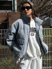 DAZY 女式冬季夹克，撞色领口袋牛仔棉服外套 - 水鴨藍 - 查看 5