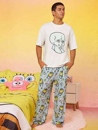 SpongeBob SquarePants | SHEIN Men's Funny Cartoon Print Drop Shoulder Loose Top And Pants Loungewear Set