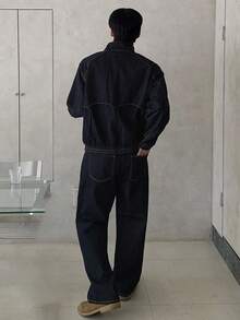 DAZY Men's Solid Navy Blue Denim Suit, Autumn Business Attire