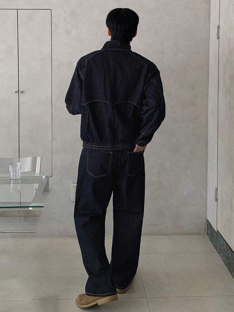 Men's Solid Navy Blue Denim Suit, Autumn Business Attire