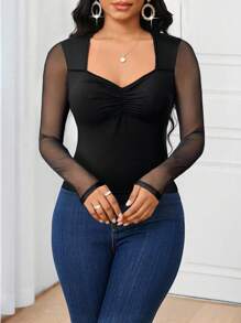SHEIN Lady Black Mesh Patchwork Long Sleeve Fitted Women T-Shirt Long Sleeve Mesh Top Black Top With Mesh Sleeves - Black - View 5