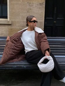 Livesso Casaco parka grosso casual com gola e bolsos, manga comprida, patchwork, acolchoado, para mulheres, outono/inverno