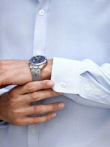 Manfinity Bizformal قميص رجالي بأكمام طويلة وأزرار أمامية واحدة، قميص كاجوال/عمل بفضفاضة، لون أزرق فاتح، قميص أزرق سماوي، قميص أزرق فاتح، قميص رسمي للرجال، قمصان كاجوال للعمل، للخريف - متعدد الألوان - مشاهدة 7