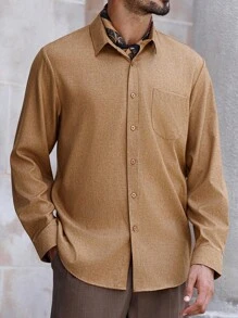 Manfinity Bizformal قميص رجالي كاجوال متعدد الاستخدامات بلون أحادي - قهوة بني - مشاهدة 3