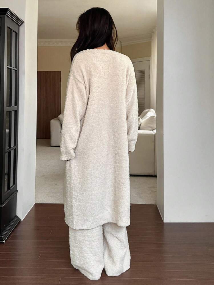 3pcs Women Minimalist Knitted Solid Color Long Coat, Vest And Pants Homewear Set, Winter, Fall Clothes Pajama, Cozy Outfit