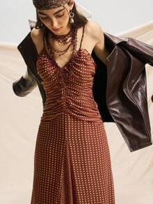 Easelle 复古游牧风格女式拼布波尔卡圆点荷叶边腰部 A 字形连衣裙 - 棕色 - 查看 6