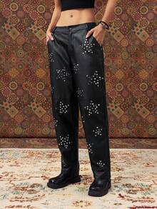 Easelle PU Pants With Silver Hot Five-Pointed Star Shape Autumn And Winter Trousers Women's Cool Autumn Clothes PU Trousers With Rivet Details Five-Pointed Star Rivet Fall Clothes Women - Black - View 3