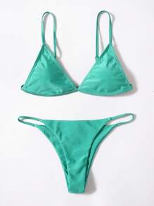 Swim Basics Summer Beach Triangle Thong Bikini Set - Green - View 3