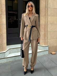 Aloruh Women's Elegant Khaki Summer Business Casual Office Suit Set,Long-Sleeved Jacket,High Waist Wide-Leg Pants,Simple Basic Commuting 2pce Autumn/Winter - Khaki - View 8