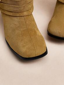 Rosivie Cuccoo Women's Fashionable & Comfortable High Heel Square Toe Velvet Ankle Boots, Autumn - Camel - View 6