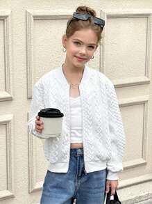 SHEIN 秋冬款青少年女孩休闲时尚麻花针织提花圆领拉链棒球夹克外套