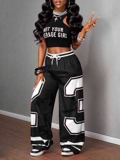 Slaydiva New Summer Casual Screenshots Sexy Sports Style Ball Suit Round Neck I-Shaped Vest Slogan Logo White Letter Print Truncated Red Vest + Wide-Leg Pants Trousers 23 Numbers Red Camouflage Striped Print Woven Pants Ladies Two Pieces Suit-B