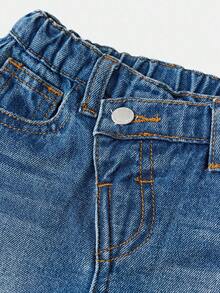 SHEIN 女童Y2K可爱蓝色牛仔毛边不对称腰宽松裤，加绒保暖裤，街头风，冬季休闲时尚度假装，加绒保暖，秋季穿着更舒适 - 深色水洗藍 - 查看 8