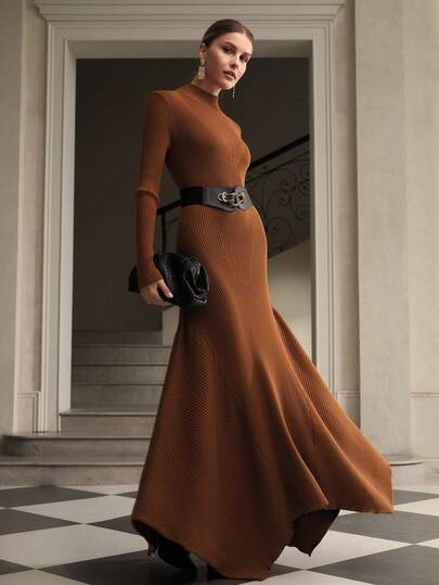 ZEYLAH Vestido de suéter de punto acanalado con bajo de cola de pez, unicolor elegante para mujer, otoño