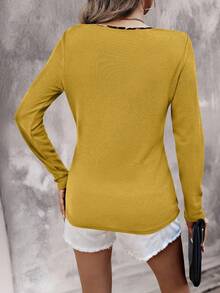 EMERY ROSE Women's Leopard Patchwork Simple Daily Notch Neck Long Sleeve T-Shirt Graphic Cheetah Print Tees Women Tops For Spring - Yellow - View 2