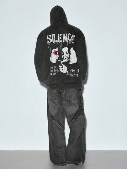  MODCRASH 男士水洗复古嘻哈人像印花连帽衫，街头风，哥特，Emo，秋冬春夏皆宜