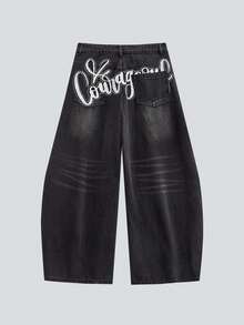 MODCRASH 1 Piece Men's Retro American Design Embroidered Loose Distressed Wide Leg Baggy Jeans Pants (No Accessories), Denim Jeans, Fall, Winter Spring To Summer - Black - View 2