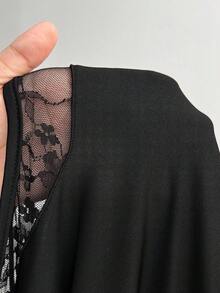 Viva Relle Plus Size Women Lace Contrast Mesh Raglan Sleeve Sexy Dress Fall Cloth For Women - Black - View 7