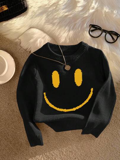 SHEIN 1pc Soft, Comfortable & Cute Smiling Face Knitted Crew Neck Pullover Sweatshirt, Long Sleeve Sweatshirt, Suitable For Daily Wear, Outings, School, Gatherings, Holidays, Christmas, New Year, Spring/Summer/Autumn/Winter Kids Sweater Cute Sweater Black Sweater Fall