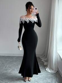 Elenzga 女式拼色圆领蝴蝶结装饰修身长袖连衣裙