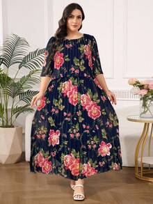 Reflora Vestido de verano elegante de gasa plisada con estampado geométrico para tallas grandes