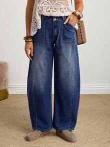 EMERY ROSE 女式口袋喇叭休闲宽松牛仔裤 - 深色水洗藍 - 查看 6