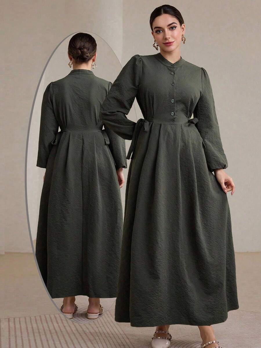 Modelyn Textured Solid Color Casual Plus Size Arabic Style Long Sleeve Dress Fall Cloth For Women