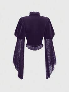 ROMWE Goth 女士优雅立领喇叭袖天鹅绒蕾丝拼布衬衫 - 紫色 - 查看 3