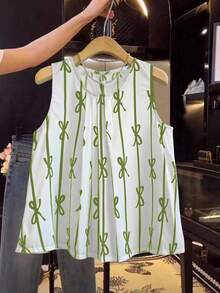 Franclia Bowknot Striped Print Pleated Sleeveless Shirt
