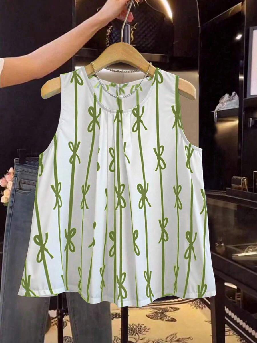 Franclia Bowknot Striped Print Pleated Sleeveless Shirt