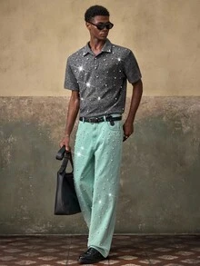 AKNOTIC 男士浅蓝色直筒牛仔裤，珍珠装饰，时尚休闲裤，适合夏季、度假、日常穿着、派对、情侣装、父亲节礼物 - 薄荷綠 - 查看 6