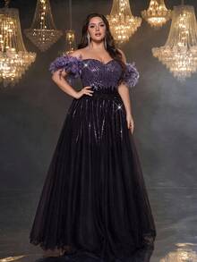 Glamrae Váy xòe tay bồng thiết kế lưới kim sa màu tím đậm hở vai thanh lịch sang trọng lãng mạn cỡ lớn, phù hợp cho tiệc tối, vũ hội, tốt nghiệp, lễ hội âm nhạc, đám cưới, dịp trang trọng (trang trí đậm) - Màu tím - Xem 7