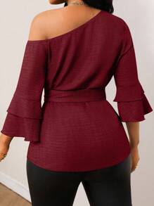 SHEIN Unity Denim Effect Asymmetric Collar Ruffle Sleeve Tie Front Shirt - Red - View 2