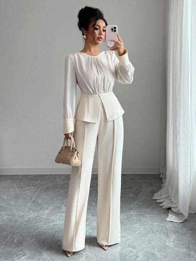 Elenzga 2pcs Set: Vintage Style Round Neck Slit Hem Top + Long Pants, Autumn/Winter Fall Cloth For Women
