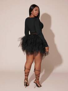 SHEIN SXY Plus Size Women Multi-Layered Ruffle Tulle Skirt, Black Mesh Skirt, Suitable For Date Night, Birthday, Bachelorette Party, Cute, Casual, Shopping, Streetwear, Going Out, Flirty, Easy To Match & Looks Slim, Accentuates Your Body, Flatters The Figure