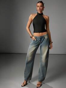 Hauture Women's Sexy Solid Black Backless Halter Top For Office, Chic, Basic Style, For Going Out - Black - View 5