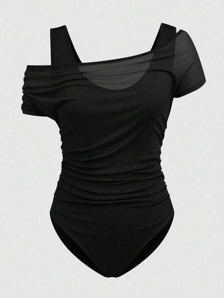 Rometta Body de malla con parches, sin hombros y sin mangas, para tallas grandes, para uso casual y de fiesta - Negro - Añade 2