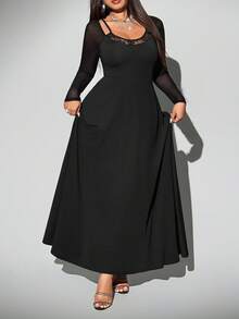 Viva Relle Plus Size Women Lace Contrast Mesh Raglan Sleeve Sexy Dress Fall Cloth For Women - Black - View 1