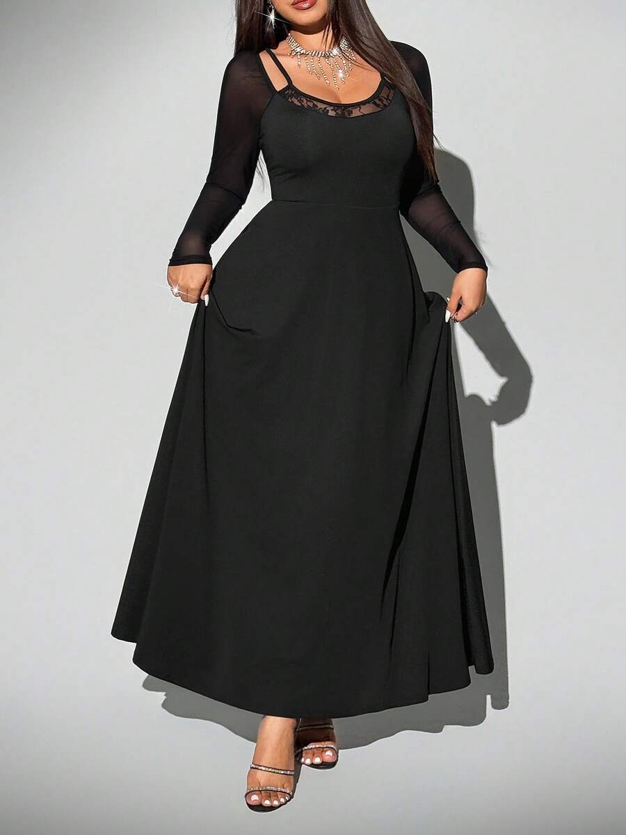 Viva Relle Plus Size Women Lace Contrast Mesh Raglan Sleeve Sexy Dress Fall Cloth For Women - Black - View 1