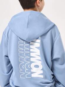 SUMWON 两件套运动服连帽衫慢跑套装，现代Logo设计，休闲街头风，舒适秋冬系列 - 藍色 - 查看 6